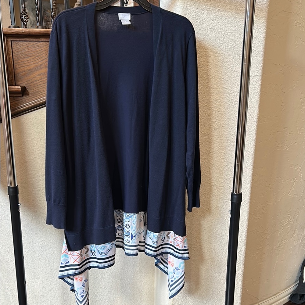 Chico’s Navy Cardigan with Patterned Hem